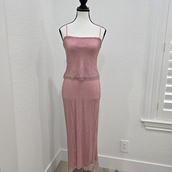 Aqua Co Ord Set Crystal Embellished Mesh Midi Skirt And Top Size Small - Picture 16 of 16